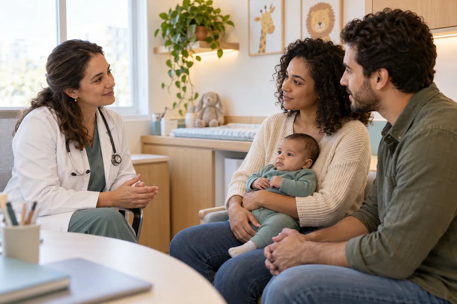Pediatra conversa com mãe e pai durante uma consulta com o bebê no colo