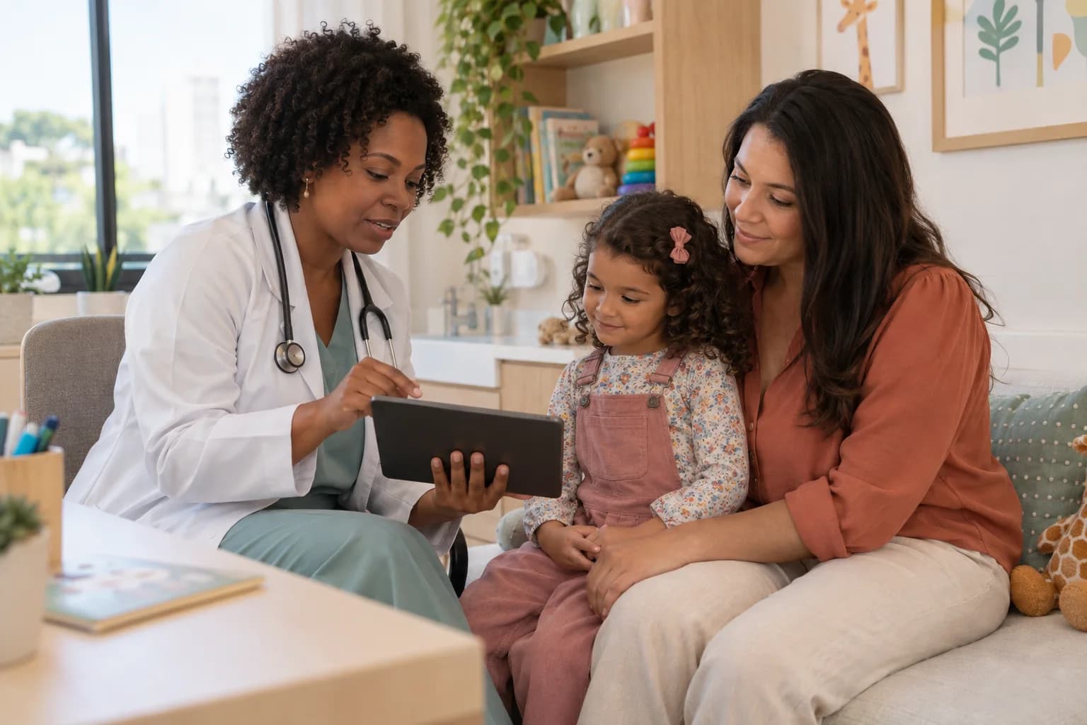 Pediatra revisa o acompanhamento em um tablet com mãe e filha