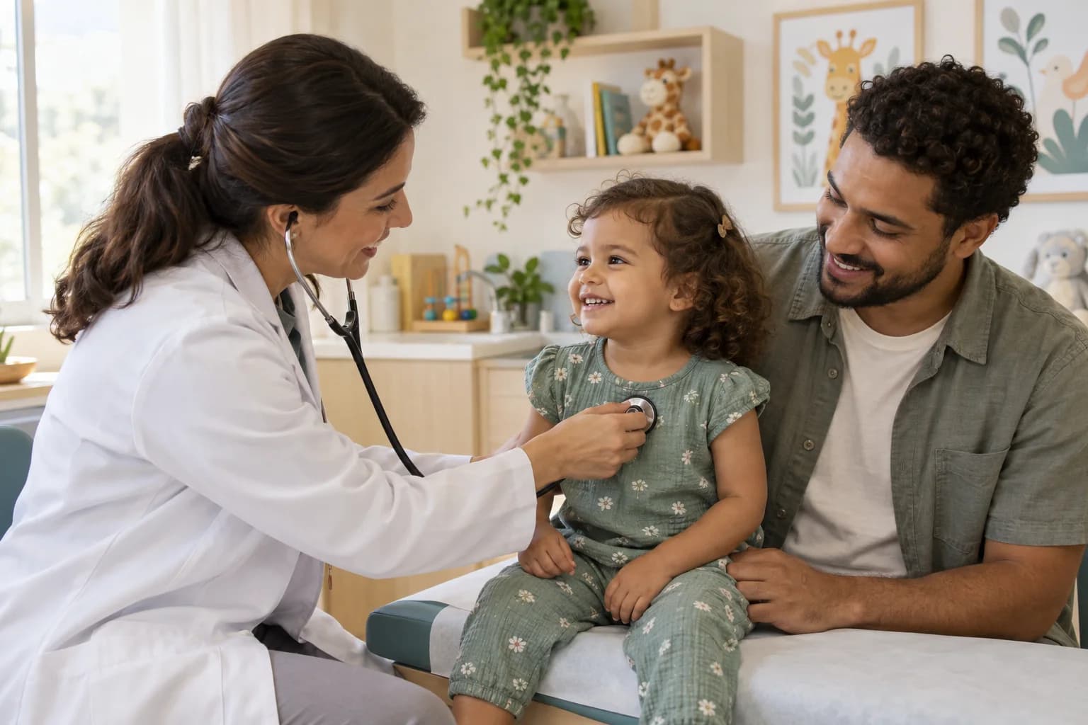 Pediatra examina uma criança pequena com o pai ao lado